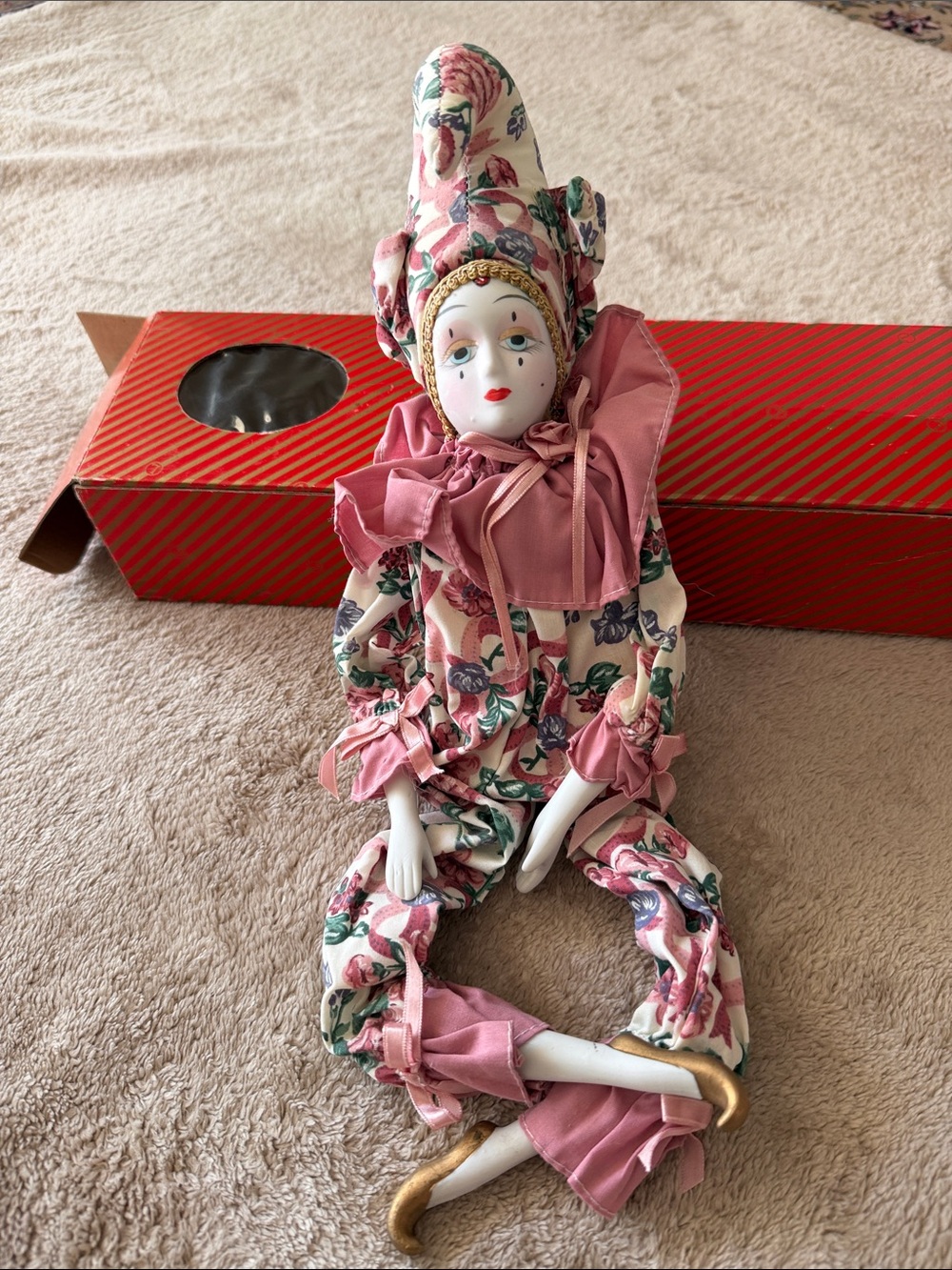 Porcelain Decorative Clown Doll in Pink Floral Costume